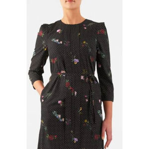 eShakti Floral Crepe Maxi Dress Placket Womens XS 2 Pleat Cottagecore Polka Dot